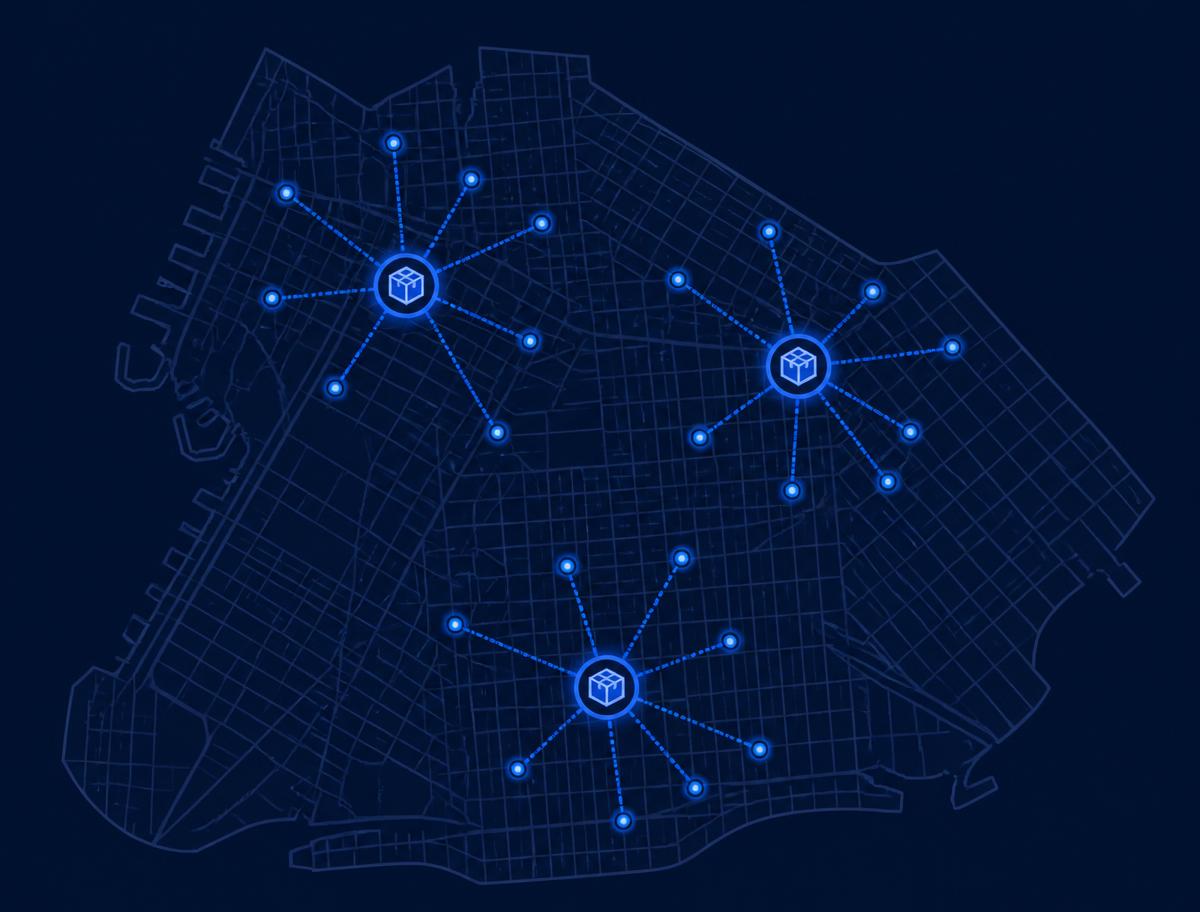 Diagram of packages moving from three local distribution points to nearby delivery areas across Brooklyn